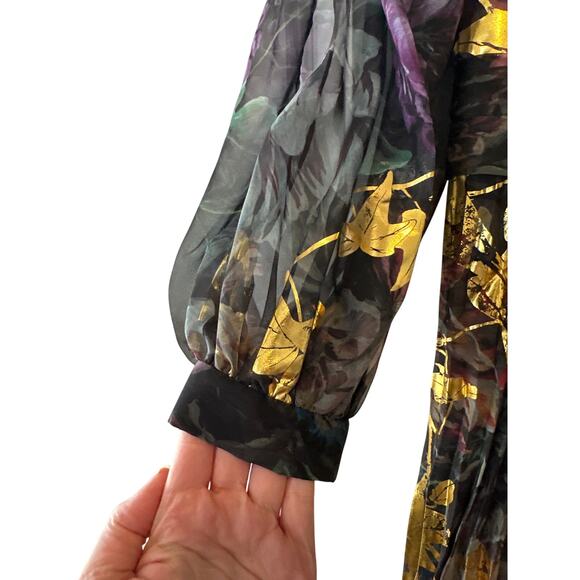 Marchesa Notte Foiled Floral Chiffon Gown Black Gold Metallic Long Sleeve Size 2 - Picture 5 of 11